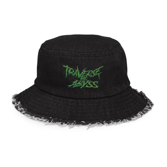 Traverse the Abyss Logo Distressed denim bucket hat